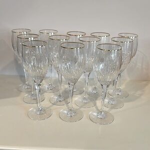 12 Mikasa “Golden Lights” Gold-Rimmed Wine Glasses/Water Goblets (retired)